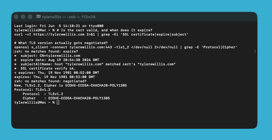 A healthy result: valid certificate, TLS 1.2+ negotiated, no warnings.