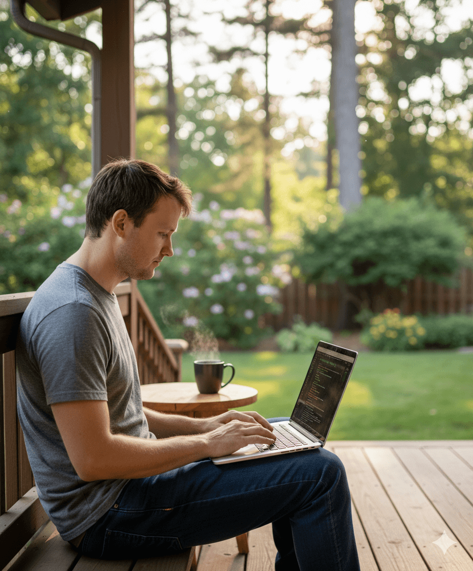 tyler willis working on a laptop sitting on his porch